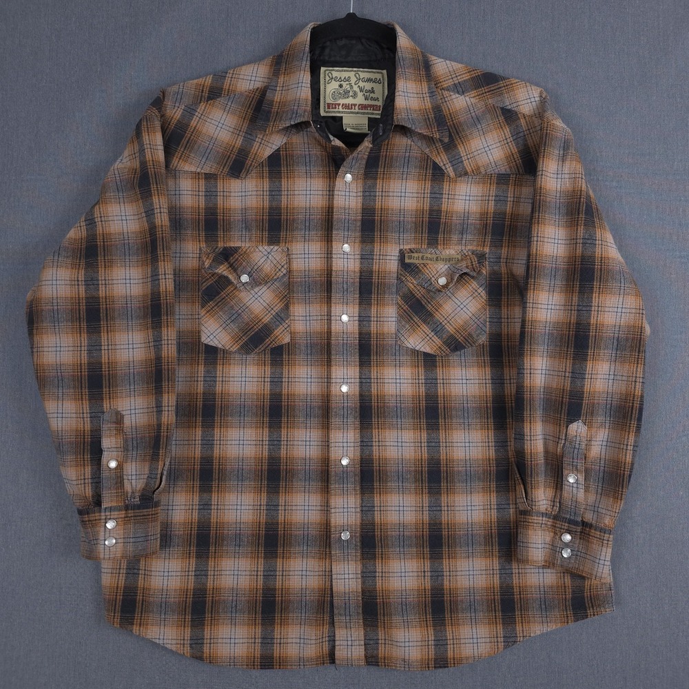 Jesse James West Coast Choppers Western Pearl Snap Mens XL Brown Plaid Work Wear